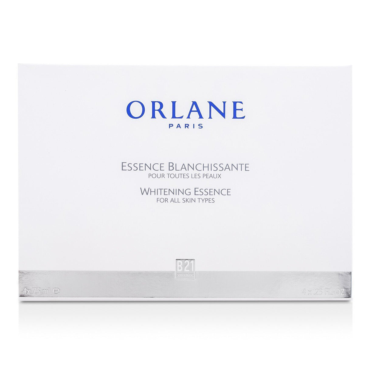 Orlane B21 Whitening Essence in 4x7.5ml, brightens complexion, reduces dark spots, and protects against pigmentation.