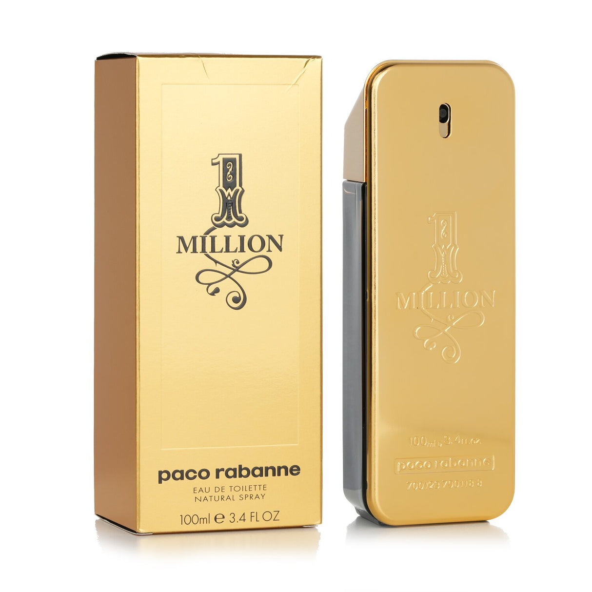 Paco Rabanne One Million Eau De Toilette Spray in a sleek 100ml bottle, featuring a dynamic blend of citrus, spices, and woods.