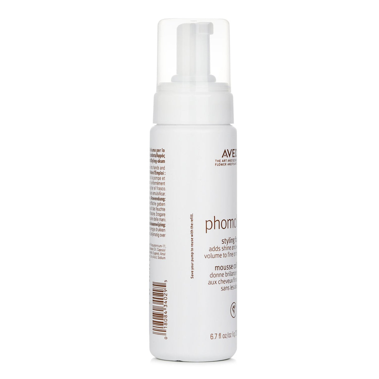 Weightless Aveda Phomollient Styling Foam for fine to medium hair, featuring organic honey and burdock for shine and hold.