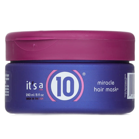 It's A 10 Miracle Hair Mask in a 240ml jar, designed to deeply nourish and hydrate all hair types for shine and manageability.