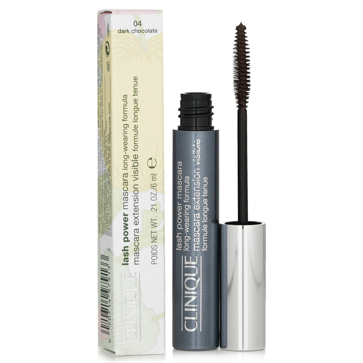 Clinique Lash Power Extension Mascara in Dark Chocolate enhances and defines lashes, resistant to water, smudging, and flaking.