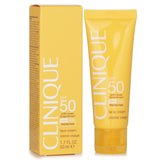 Lightweight Clinique SPF 50 Face Cream protects against UVA/UVB rays, nourishes skin, and absorbs quickly for daily use.