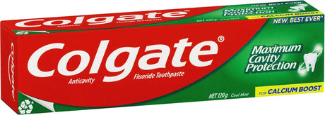 Colgate Cavity Protection Cool Mint Toothpaste 120g, vegan and gluten-free formula to fight cavities and strengthen teeth.