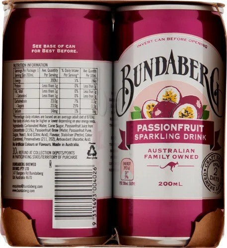 Bundaberg Passionfruit Sparkling Drink Mini Cans 6 x 200ml