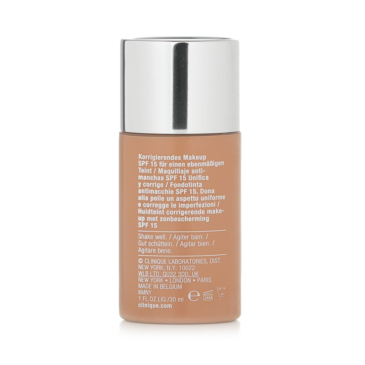 Clinique Even Better Makeup SPF 15, oil-free liquid foundation, offers moderate coverage for balanced skin types.