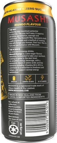 Musashi Zero Sugar Mango Flavour Energy Drink 12 x 500ml