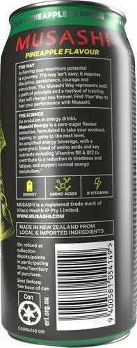 Musashi Zero Sugar Pineapple Flavour Energy Drink 12 x 500ml