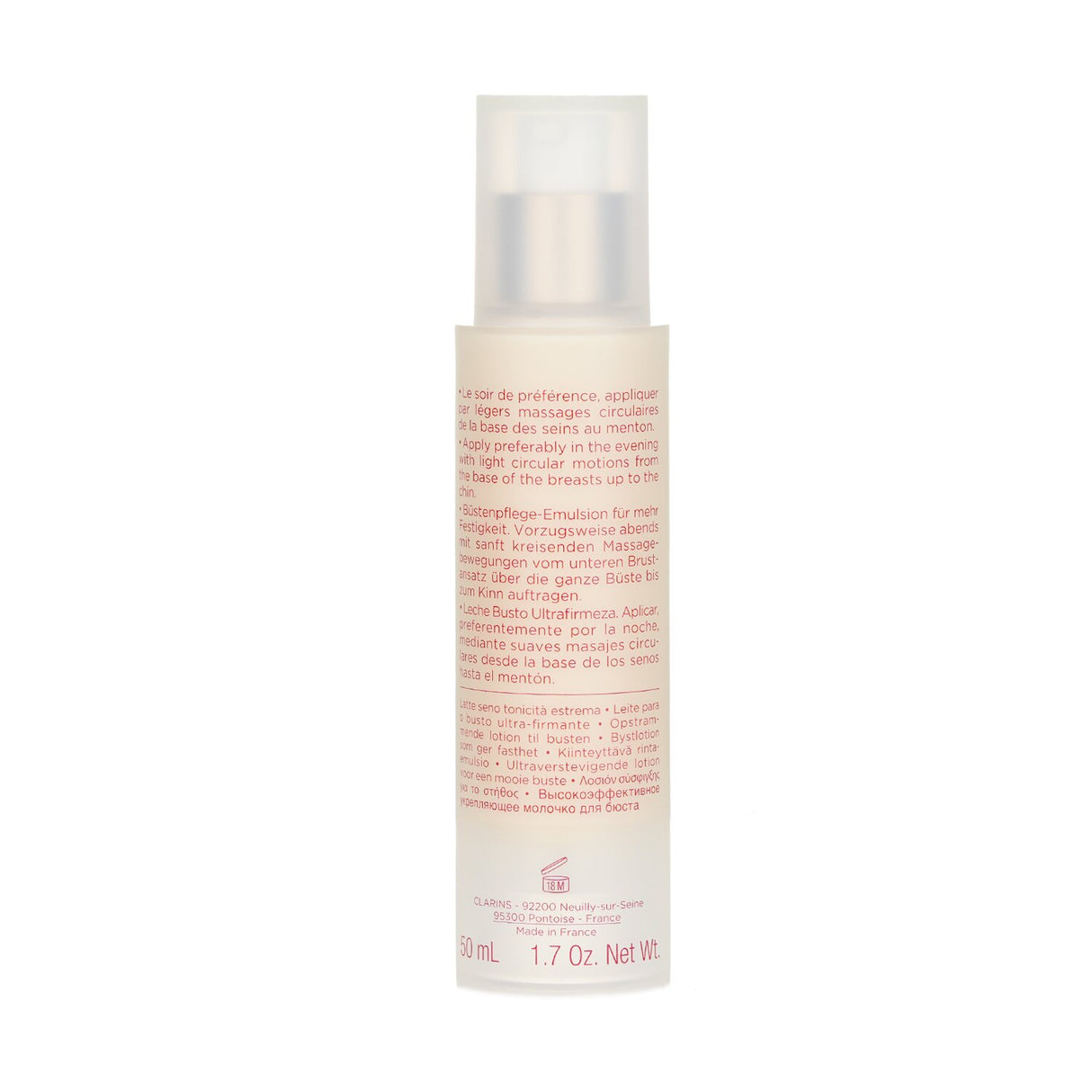 Clarins Bust Beauty Firming Lotion, 50ml, a lightweight treatment that tightens, tones, and deeply moisturizes the bust area.