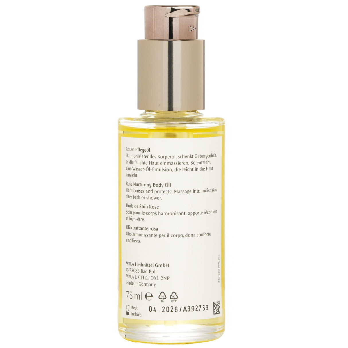 Luxurious Dr. Hauschka Rose Body Oil in a 75ml bottle, promoting skin health with calming fragrance and gentle, organic ingredients.