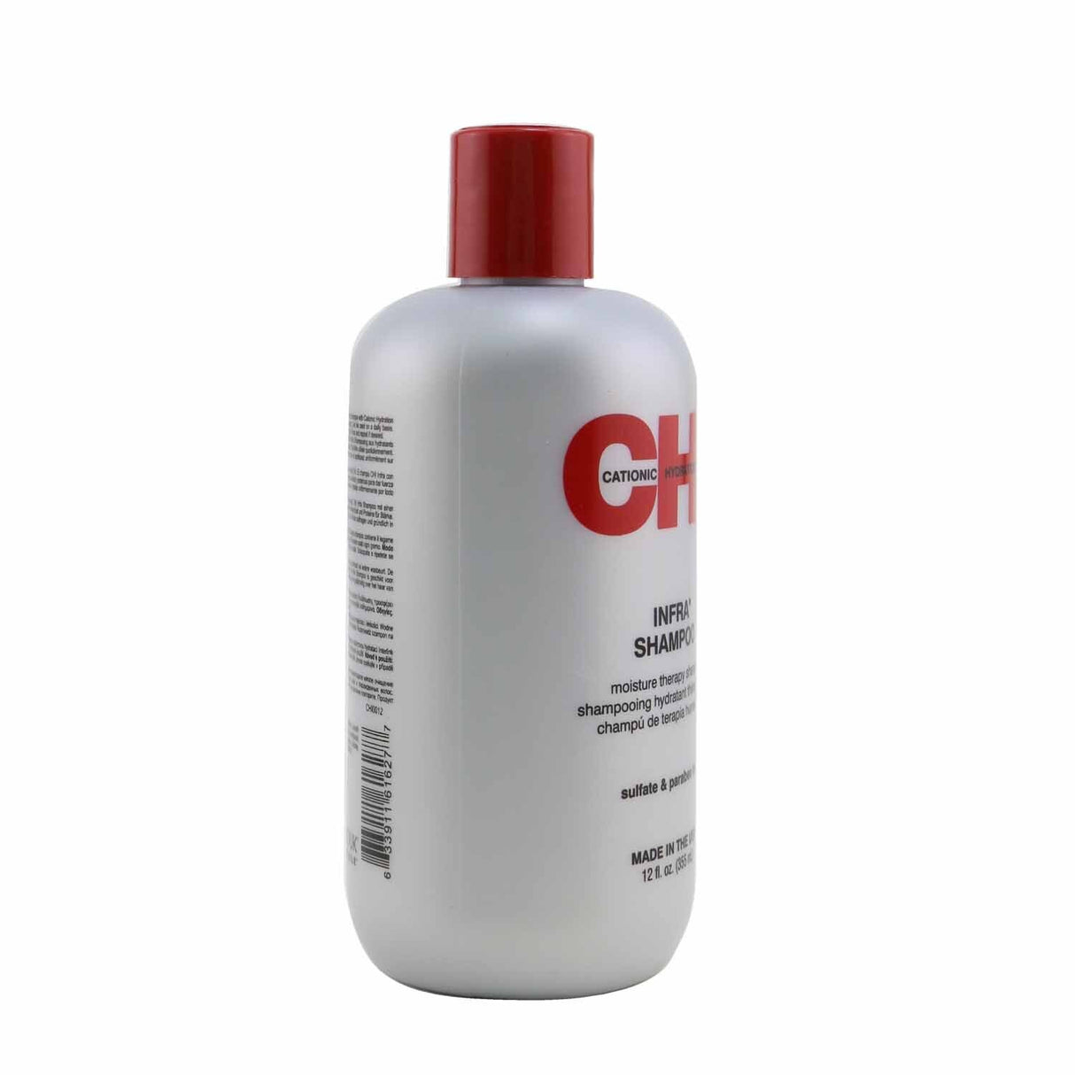 Hydrating CHI Infra Moisture Therapy Shampoo in a 355ml bottle, designed for stronger, shinier, and manageable hair for all types.