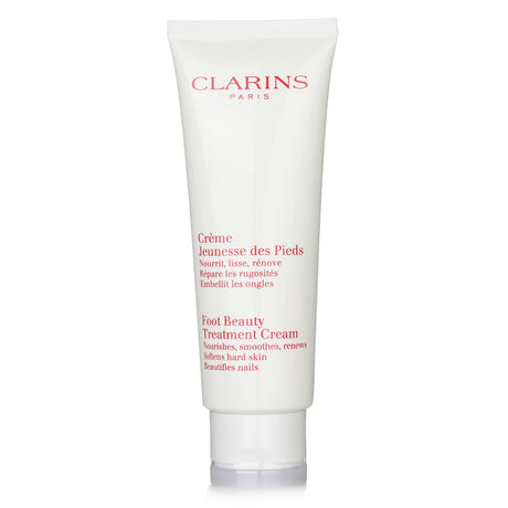 Clarins Foot Beauty Treatment Cream in a 125ml tube, designed to hydrate, soothe, and rejuvenate tired, rough feet.