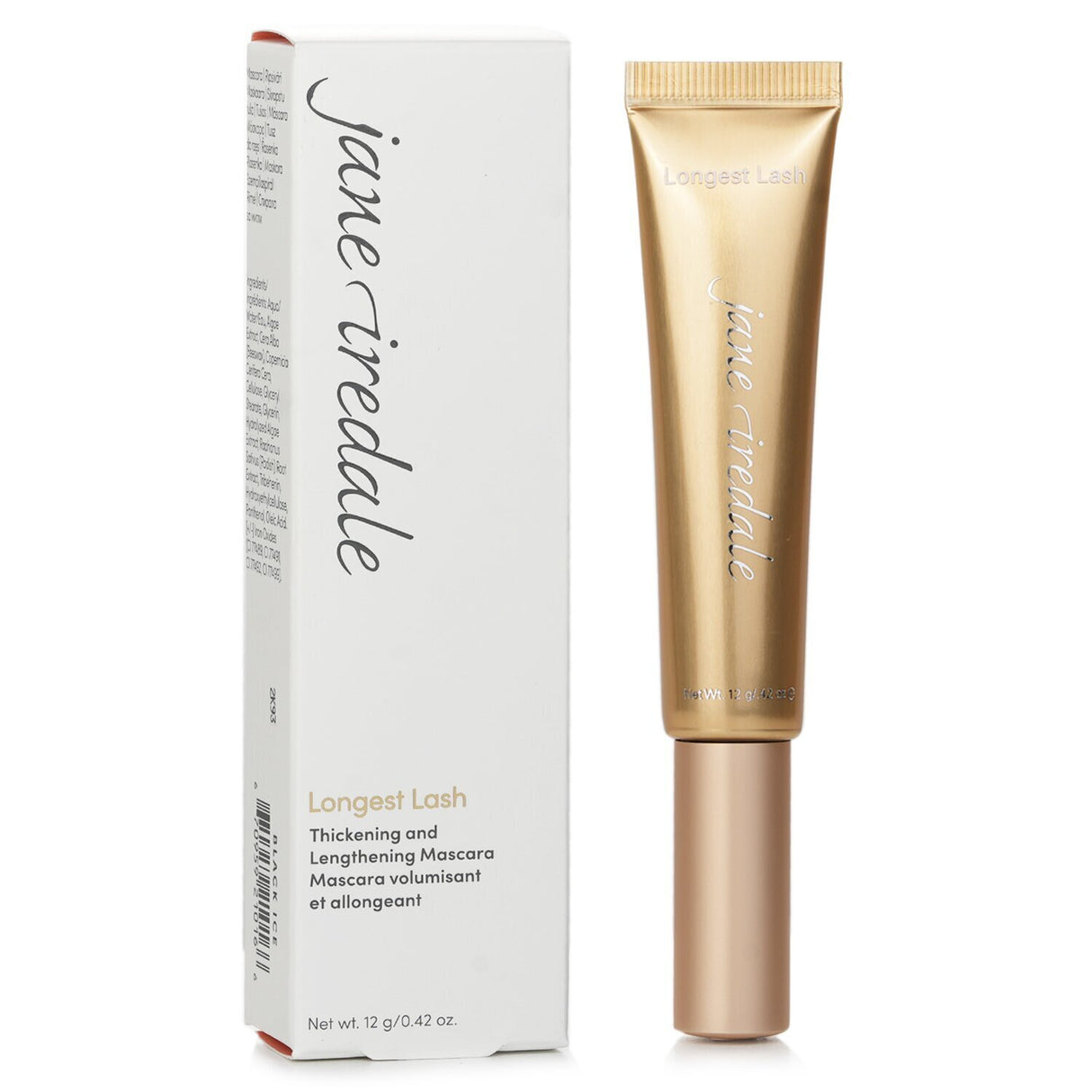 Black Ice mascara by Jane Iredale, featuring a large brush for thickening and lengthening while reducing lash breakage.