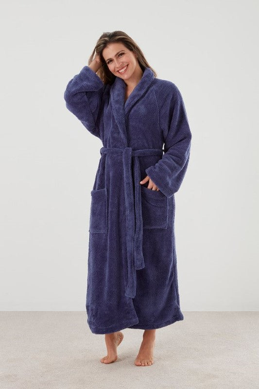 Cozy BAKSANA Bathrobe in Night Sky, L/XL, with shawl collar, pockets, and waist tie, ethically made in Turkey.