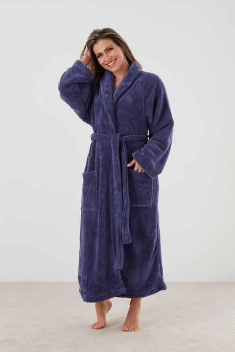 Warm MANOR night sky bathrobe featuring a shawl collar, pockets, and waist tie, ethically made in Turkey. Size S/M.