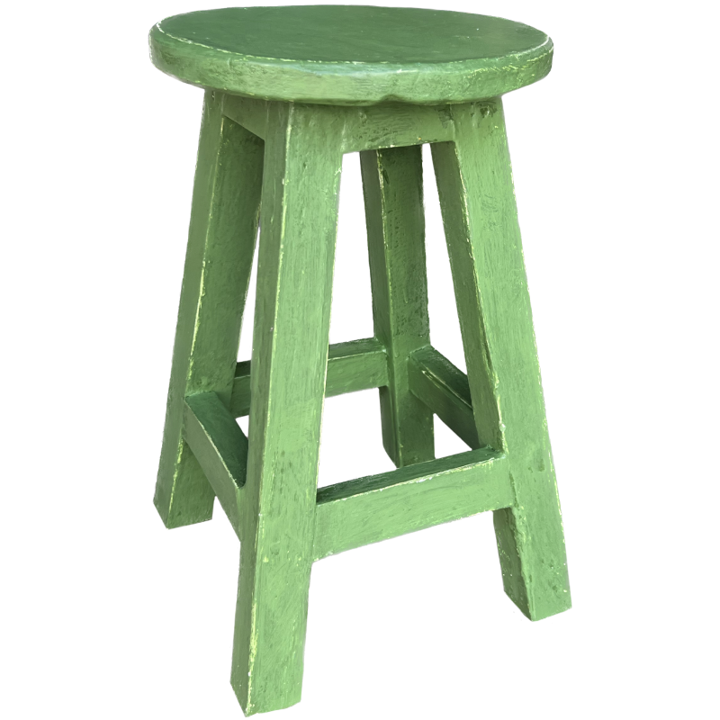 Round Florence Green stool, 35x25x40cm, handmade, French farmhouse style, versatile seating and decor accent.