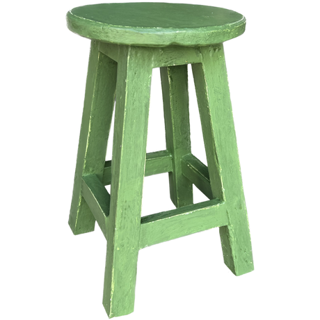 Round Florence Green stool, 35x25x40cm, handmade, French farmhouse style, versatile seating and decor accent.