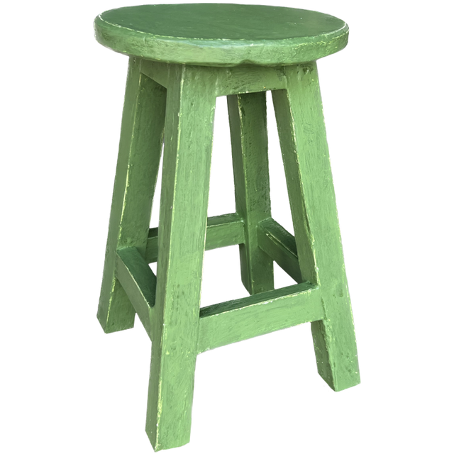 Round Florence Green stool, 35x25x40cm, handmade, French farmhouse style, versatile seating and decor accent.