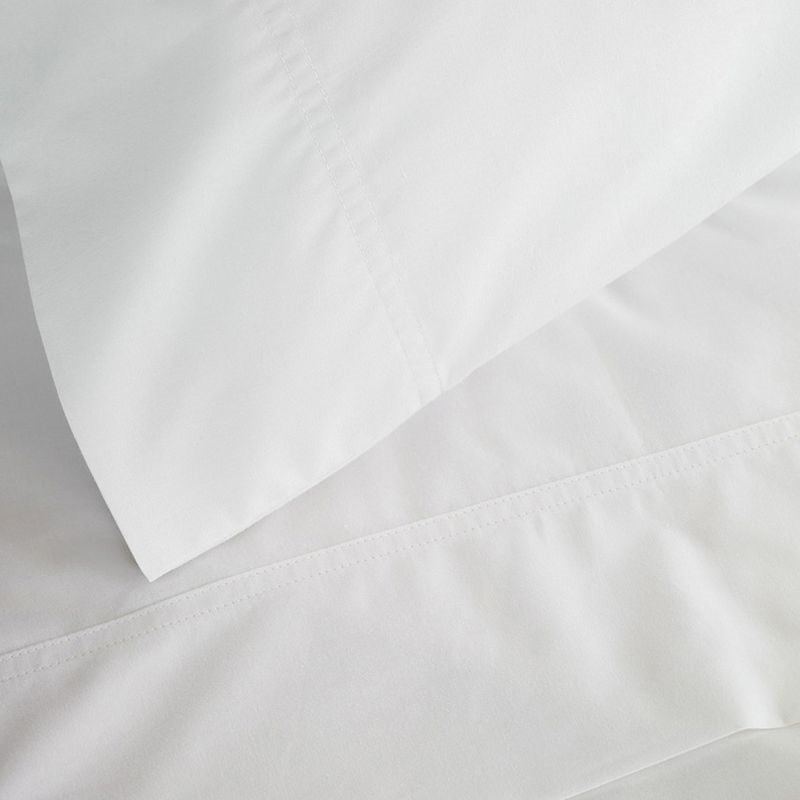 Crisp white 310TC cotton percale king single sheet set with elegant double needle detail and 50cm drop.