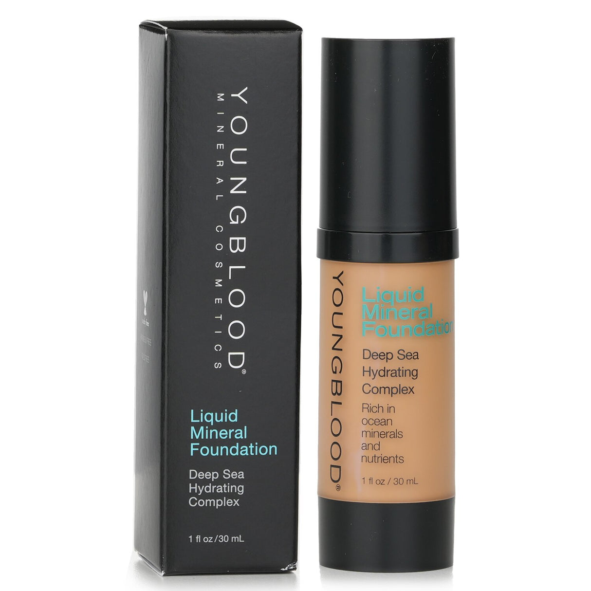 Youngblood Liquid Mineral Foundation in Tahitan Sun for a radiant, natural finish enriched with botanicals and ocean minerals.