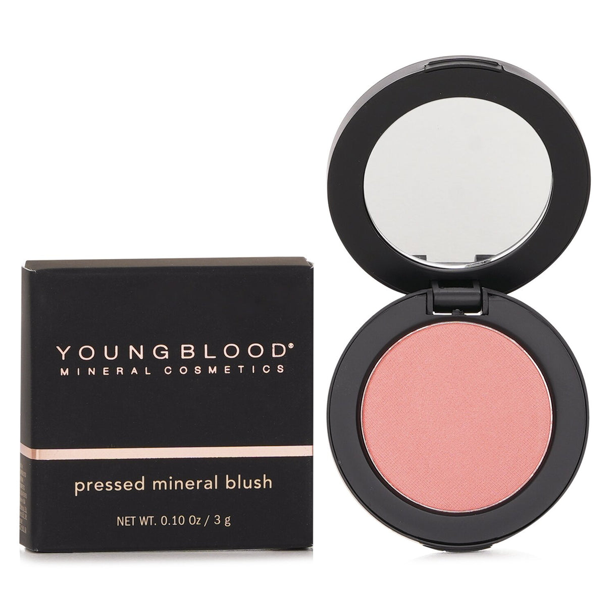 Pressed Mineral Blush in Blossom, a sheer powder for a natural glow, perfect for cheeks, eyes, and lips.