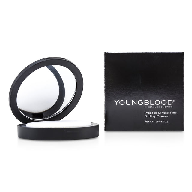 Youngblood Pressed Mineral Rice Powder in Light, a non-chalky, talc-free powder for a smooth, matte complexion.