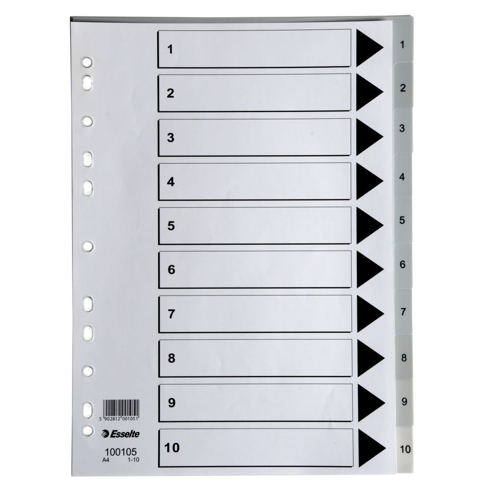 Esselte PP A4 indices in grey, featuring clear numbers 1-10 for efficient document organization and professional appearance.