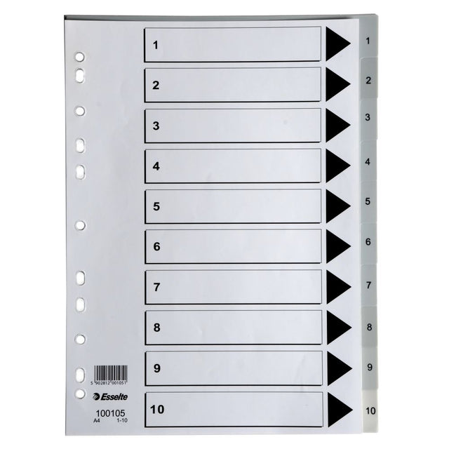 Esselte PP A4 indices in grey, featuring clear numbers 1-10 for efficient document organization and professional appearance.