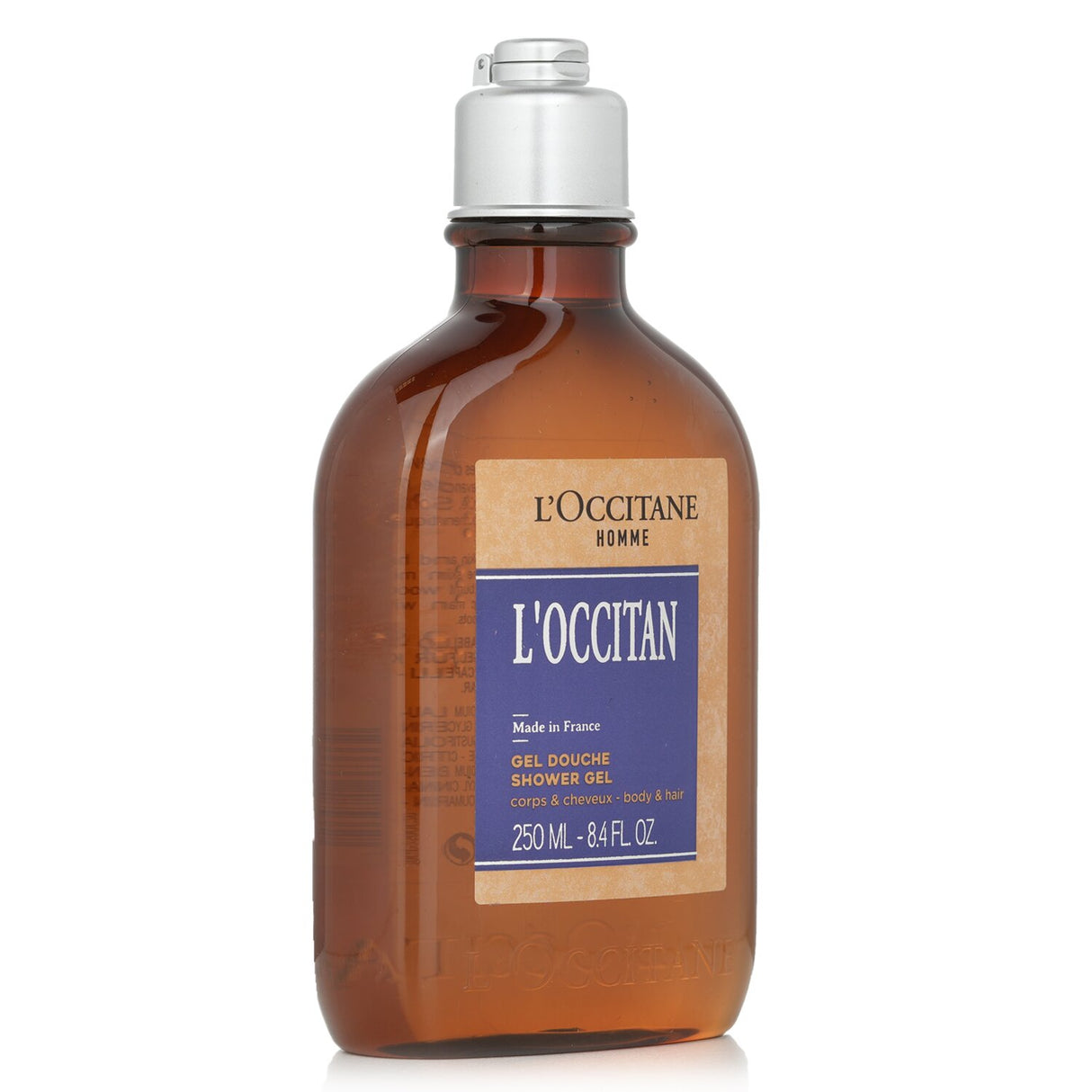 L'Occitane L'Occitan For Men Shower Gel, 250ml, features lavender and nutmeg scents for cleansing and brightening hair.