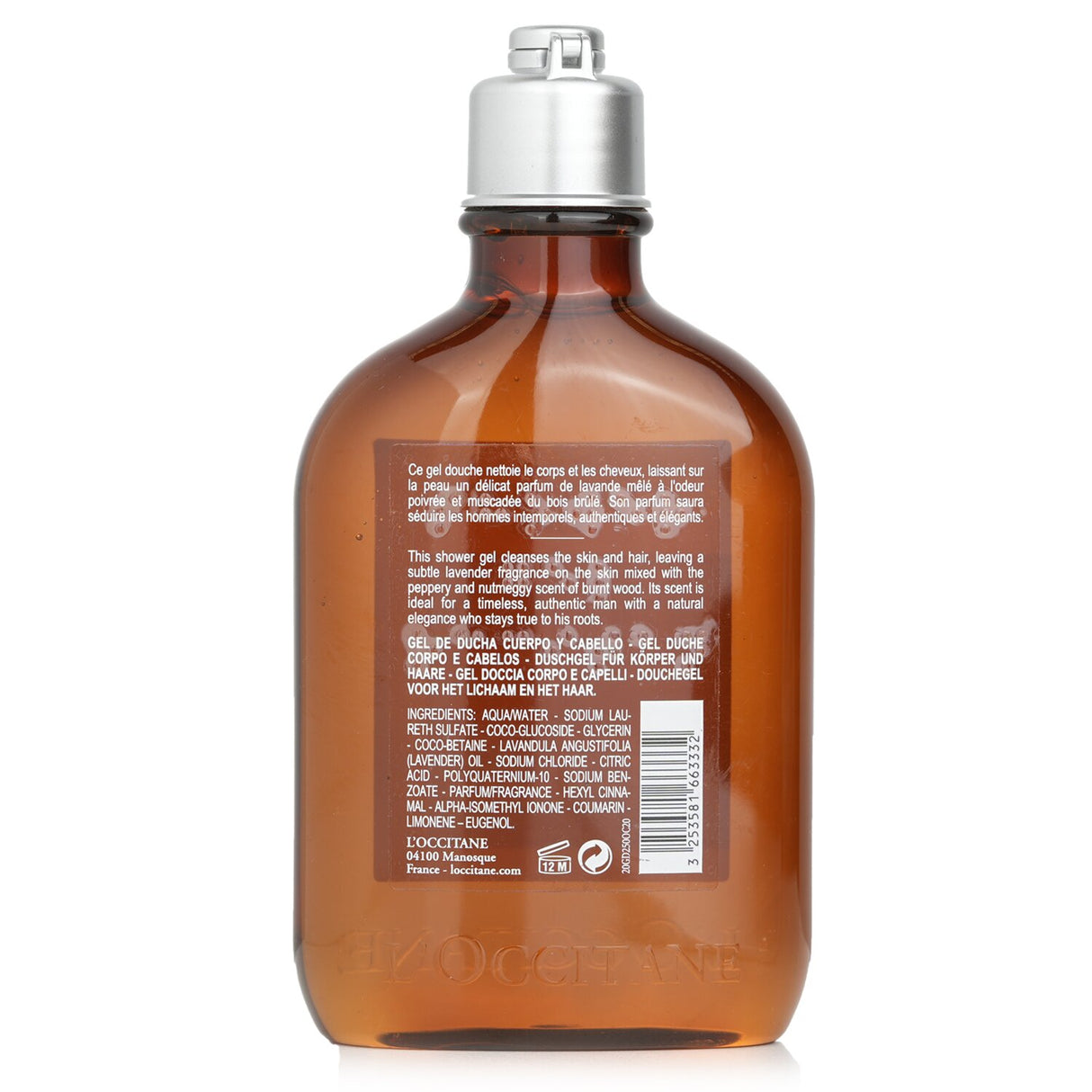 Men's shower gel infused with lavender and wood scents, cleanses body and hair, 250ml size.