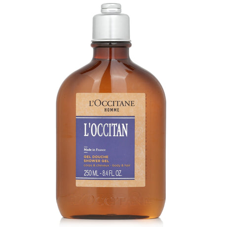 L'Occitane men's shower gel with lavender and nutmeg scent, cleanses body and hair, 250ml.