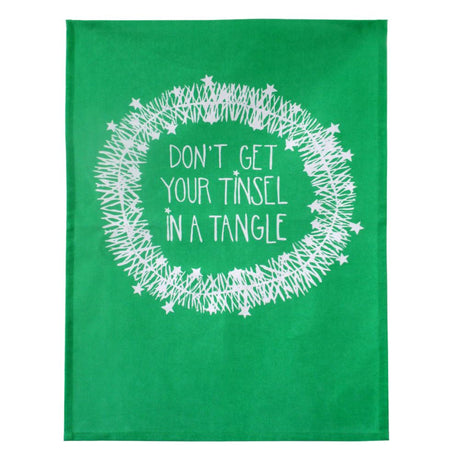 Christmas tea towel featuring a festive Tinsel Tangle design, perfect for drying dishes and kitchen decor.
