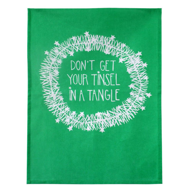 Christmas tea towel featuring a festive Tinsel Tangle design, perfect for drying dishes and kitchen decor.