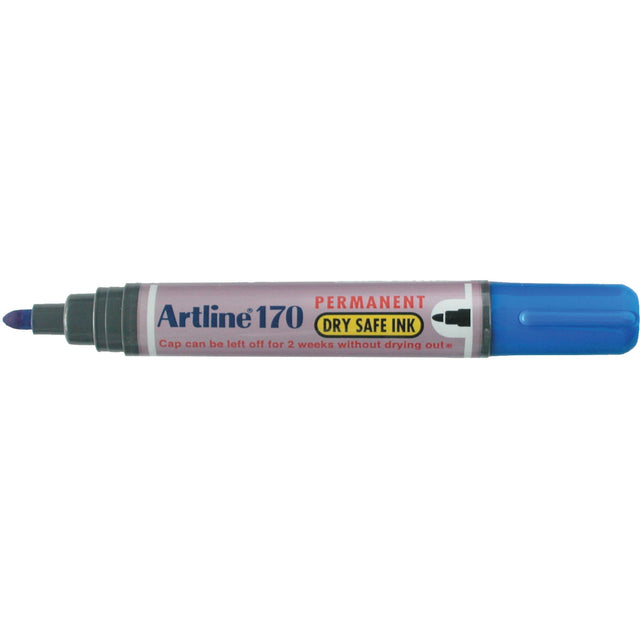 Blue Artline 170 permanent markers with 2mm bullet nib, 12 units, fast drying, low odour, and long-lasting dry safe formula.