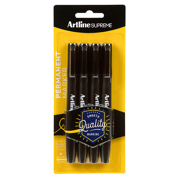 Artline Supreme Core Black pens, pack of 6, featuring a 1.00mm nib for bold lines and ergonomic design for comfort.