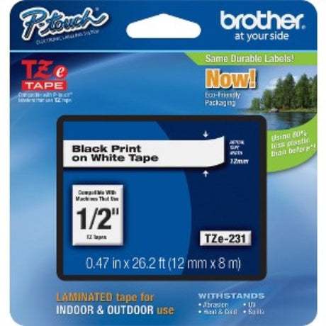 Brother P-touch TZe laminated tape cartridge, 12mm wide, durable black on white labels for smooth surfaces, ideal for indoor/outdoor use.