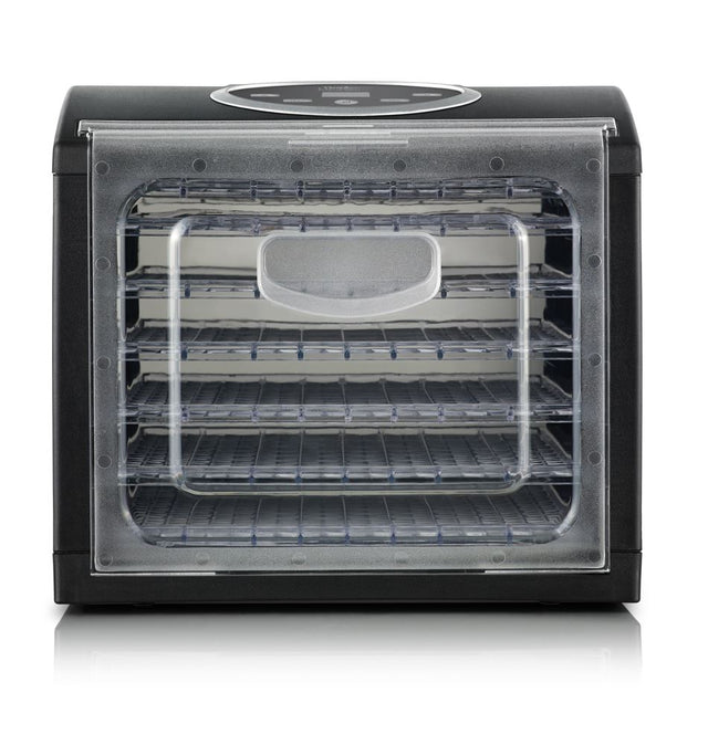 A sleek food dehydrator with 6 trays, LCD display, and precise temperature control for homemade snacks.