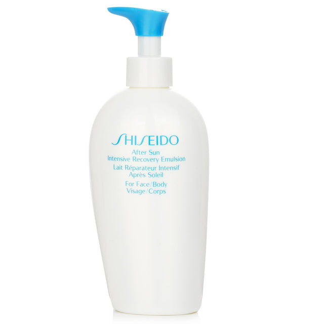 Shiseido After Sun Intensive Recovery Emulsion in a 300ml bottle, designed to nourish, hydrate, and repair sun-exposed skin.