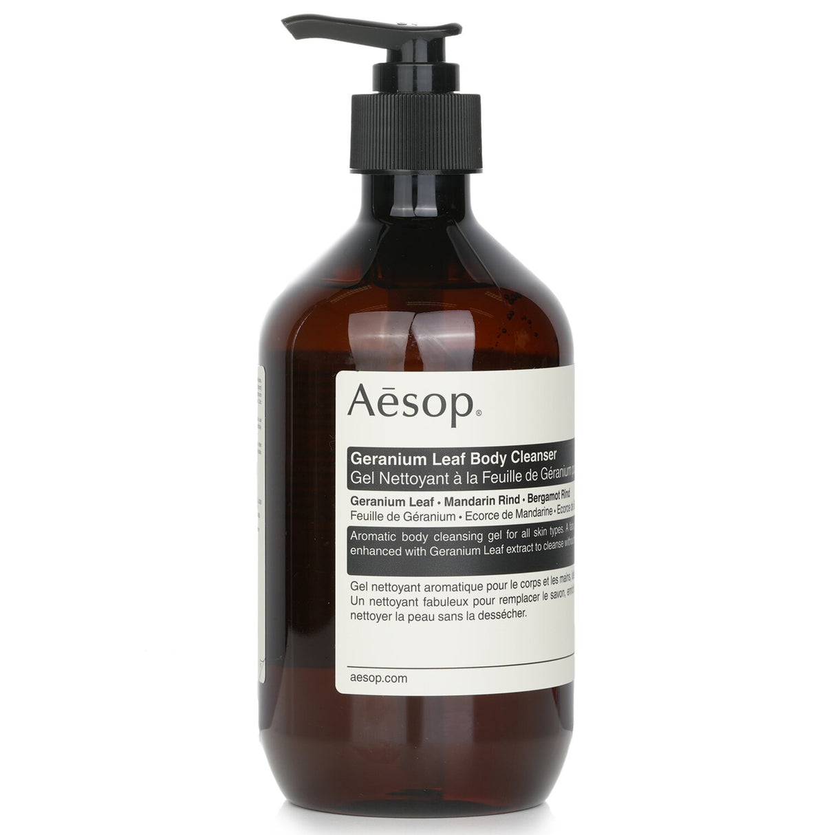 Aesop Geranium Leaf Body Cleanser in a 500ml bottle, featuring a mild formula with invigorating Geranium Leaf extract.