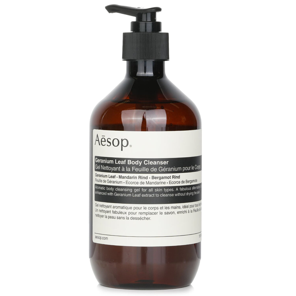 Aesop Geranium Leaf Body Cleanser, 500ml; aromatic, moisturizing gel with Geranium extract for refreshed, nourished skin.