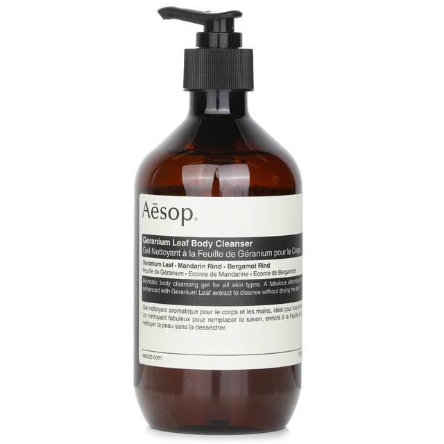 Aesop Geranium Leaf Body Cleanser, 500ml; aromatic, moisturizing gel with Geranium extract for refreshed, nourished skin.