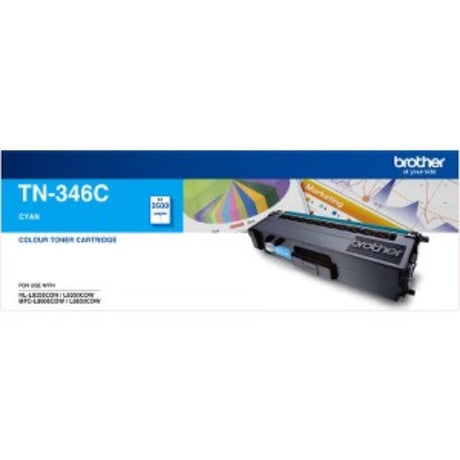 Cyan Brother TN-346C toner cartridge, high yield for 3,500 pages, ensures vibrant, professional-quality prints.