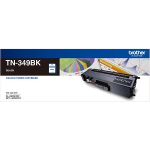 High-yield TN-349BK black toner cartridge for Brother printers, delivers up to 6,000 pages of sharp, vibrant prints.