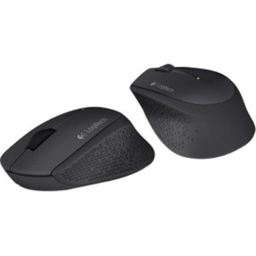 Logitech M280 wireless optical mouse in black with 1000 dpi, featuring ergonomic design and 18-month battery life.