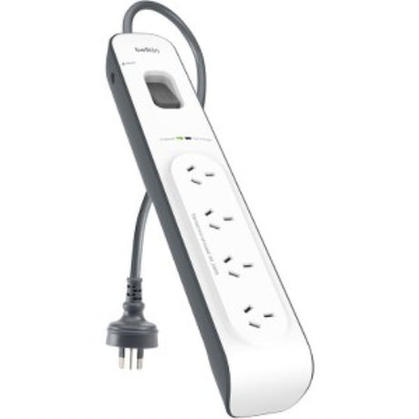 Belkin 4-Outlets Surge Protector with 525 joules safeguards electronics from voltage surges; ideal for home and office use.