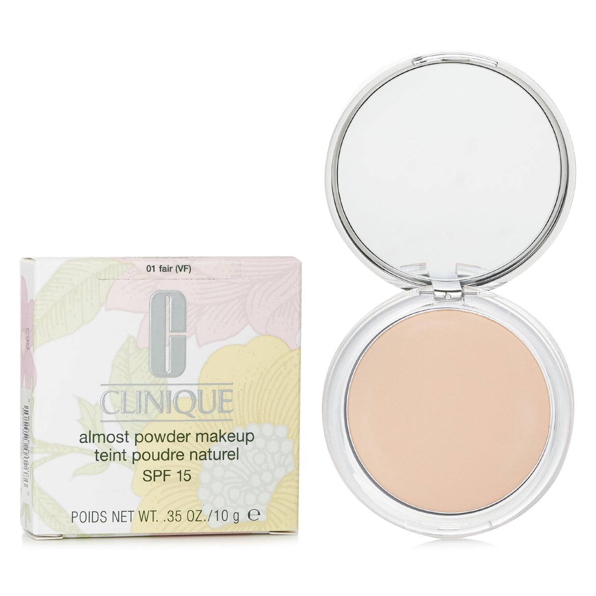 Clinique Almost Powder MakeUp SPF 15 in No. 01 Fair, a lightweight oil-free foundation for a flawless, radiant finish.