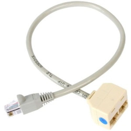 RJ45 splitter cable adapter connecting two Ethernet devices to a single Cat5/Cat5e cable drop for improved network connections.