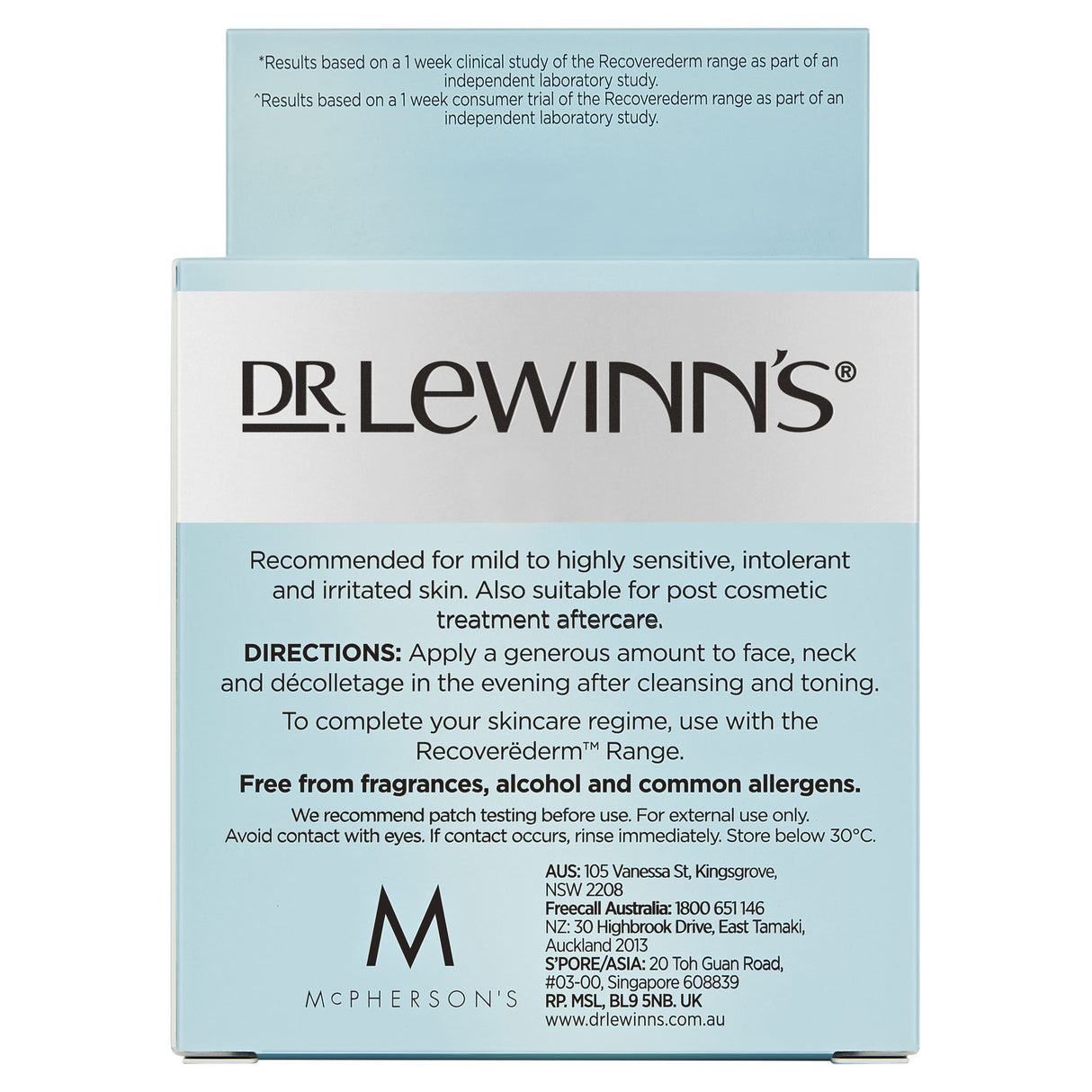 Dr.LeWinn's Recoverëderm Overnight Balm: 50mL soothing moisturizer for sensitive skin, enriched with Marine Algae and Ceramides.