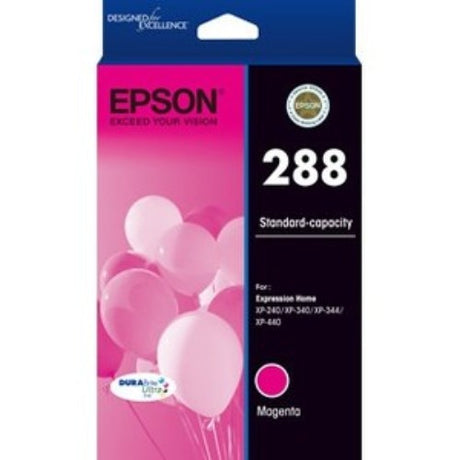 Epson DURABrite Ultra 288 ink cartridge pack featuring Black, Cyan, Magenta, and Yellow for vibrant, fast-drying prints.