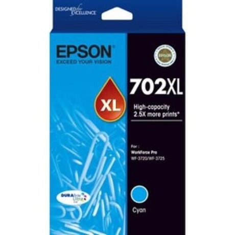 Epson DURABrite Ultra 702XL Cyan ink cartridge, high-yield for vibrant, durable prints with water and fade resistance.