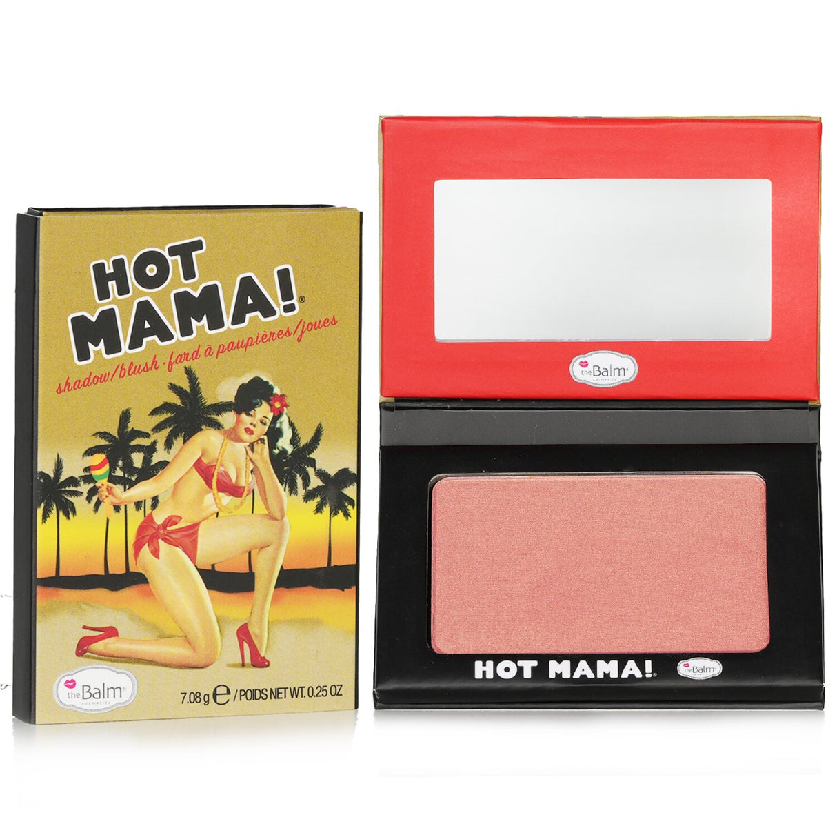 TheBalm Hot Mama! Shadow/Blush in pinky-peach, perfect for vibrant looks as blush, shadow, highlighter, or lip finisher.